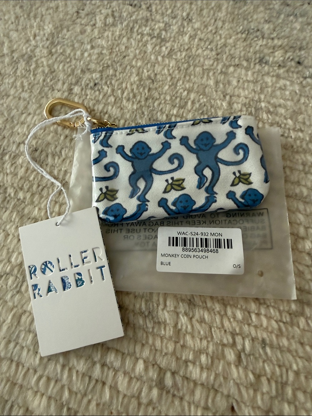 Roller Rabbit Blue Monkey Zip Pouch Keychain with Gold Hardware
